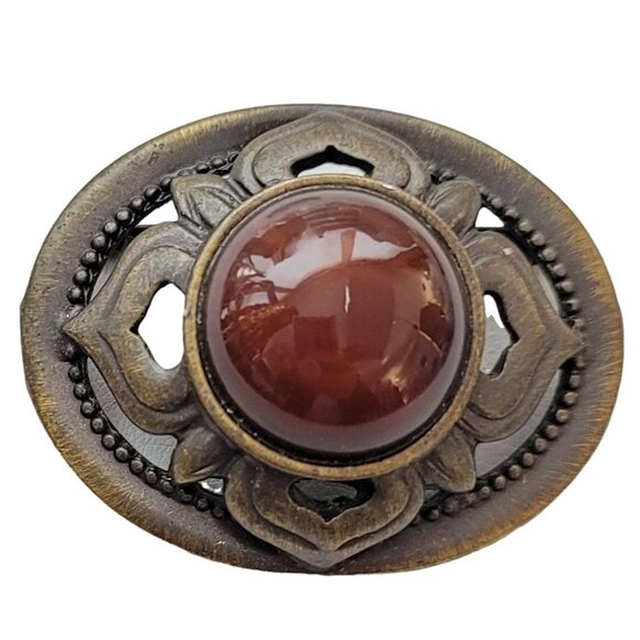 Ginnie Johansen Oval Gold Tone Red Glass Center Cab Pin Brooch, Signed - Picture 7 of 7